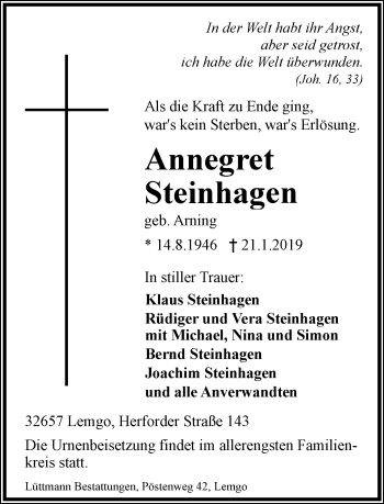 Anzeige  Annegret Steinhagen  Lippische Landes-Zeitung