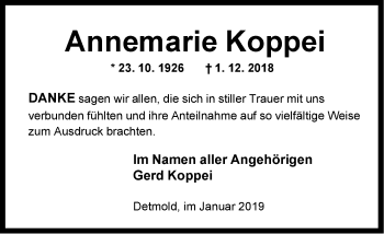 Anzeige  Annemarie Koppei  Lippische Landes-Zeitung