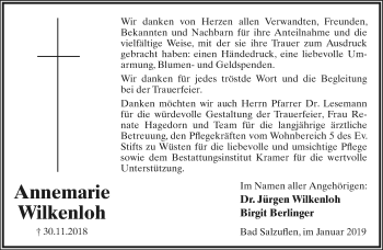 Anzeige  Annemarie Wilkenloh  Lippische Landes-Zeitung