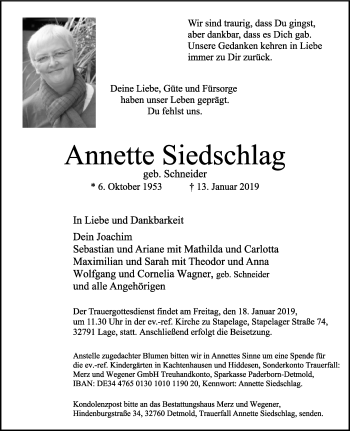 Anzeige  Annette Siedschlag  Lippische Landes-Zeitung