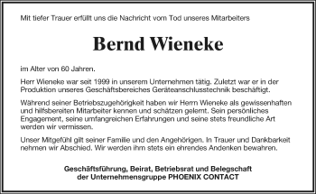 Anzeige  Bernd Wieneke  Lippische Landes-Zeitung