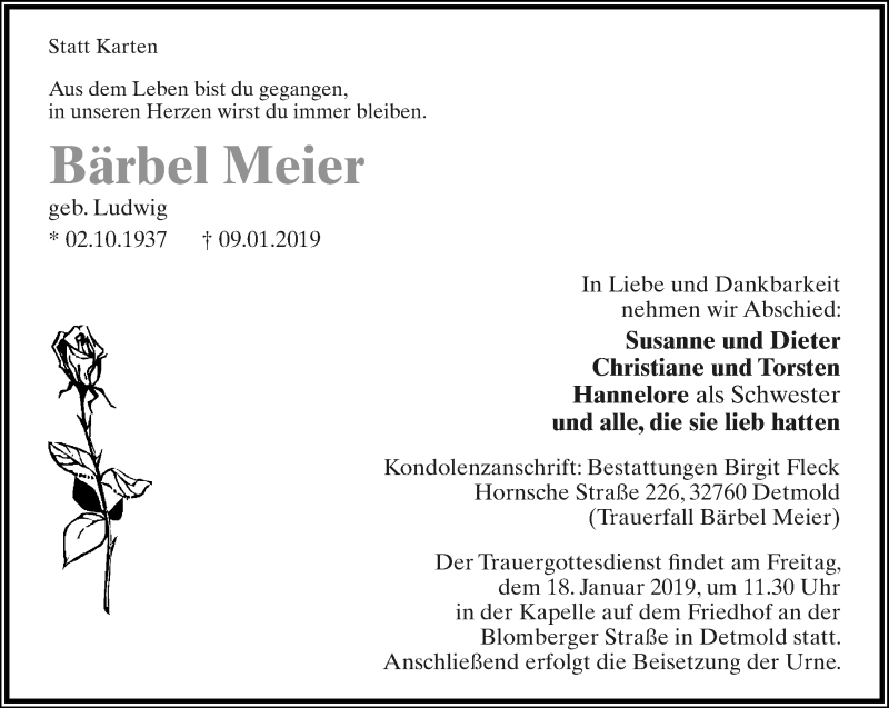  Traueranzeige für Bärbel Meier vom 12.01.2019 aus Lippische Landes-Zeitung