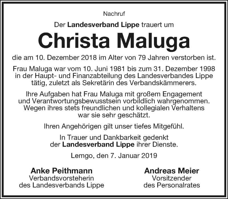  Traueranzeige für Christa Maluga vom 12.01.2019 aus Lippische Landes-Zeitung