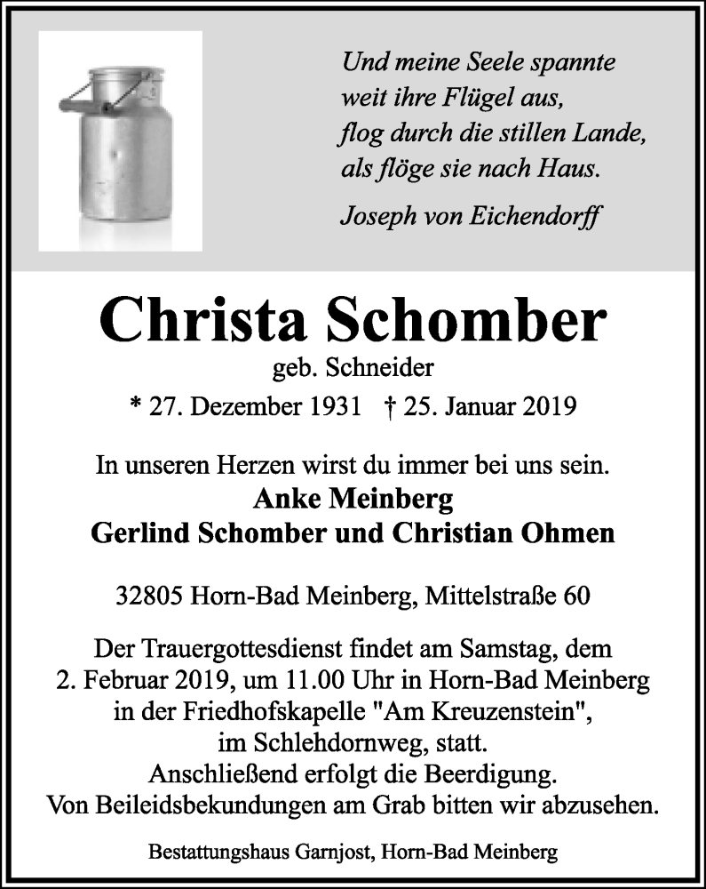  Traueranzeige für Christa Schomber vom 30.01.2019 aus Lippische Landes-Zeitung
