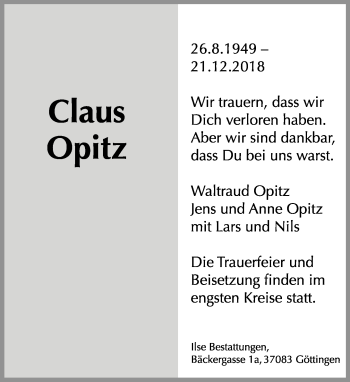 Anzeige  Claus Opitz  Lippische Landes-Zeitung