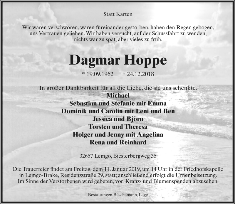  Traueranzeige für Dagmar Hoppe vom 05.01.2019 aus Lippische Landes-Zeitung