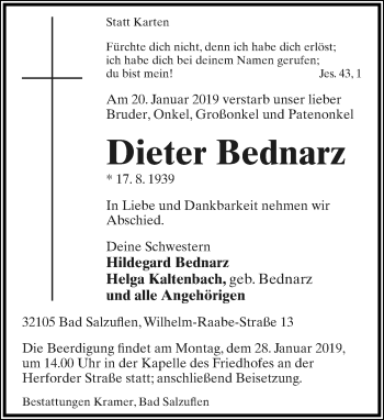 Anzeige  Dieter Bednarz  Lippische Landes-Zeitung