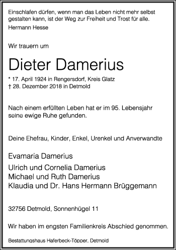 Anzeige  Dieter Damerius  Lippische Landes-Zeitung