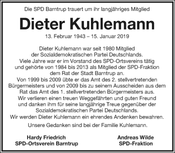 Anzeige  Dieter Kuhlemann  Lippische Landes-Zeitung