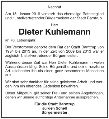 Anzeige  Dieter Kuhlemann  Lippische Landes-Zeitung