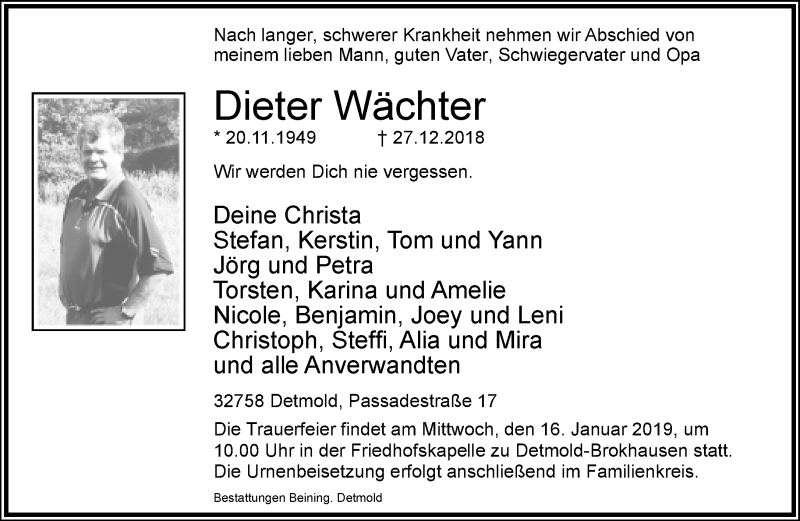  Traueranzeige für Dieter Wächter vom 12.01.2019 aus Lippische Landes-Zeitung