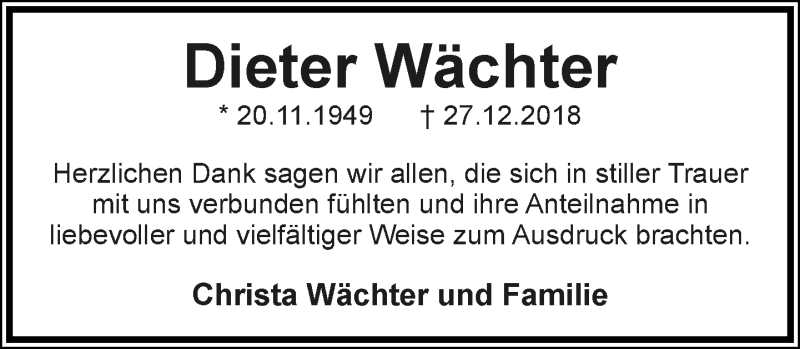  Traueranzeige für Dieter Wächter vom 26.01.2019 aus Lippische Landes-Zeitung