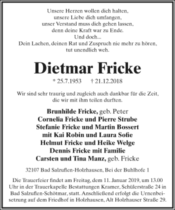 Anzeige  Dietmar Fricke  Lippische Landes-Zeitung