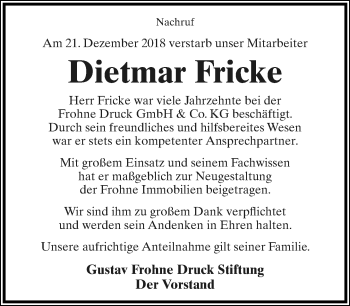 Anzeige  Dietmar Fricke  Lippische Landes-Zeitung