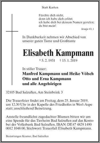 Anzeige  Elisabeth Kampmann  Lippische Landes-Zeitung