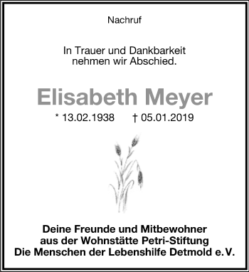 Anzeige  Elisabeth Meyer  Lippische Landes-Zeitung