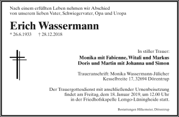 Anzeige  Erich Wassermann  Lippische Landes-Zeitung