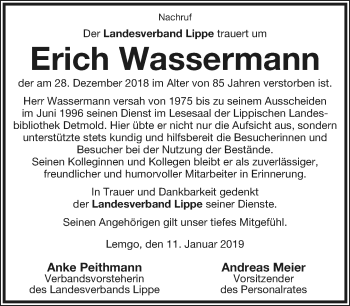 Anzeige  Erich Wassermann  Lippische Landes-Zeitung