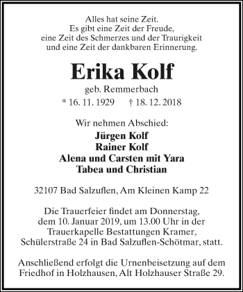 Anzeige  Erika Kolf  Lippische Landes-Zeitung
