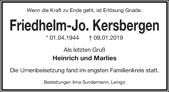 Anzeige  Friedhelm-Jo. Kersbergen  Lippische Landes-Zeitung