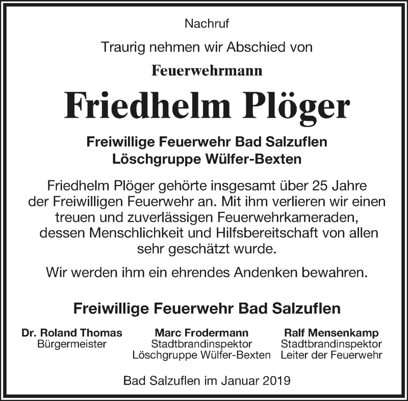  Traueranzeige für Friedhelm Plöger vom 19.01.2019 aus Lippische Landes-Zeitung