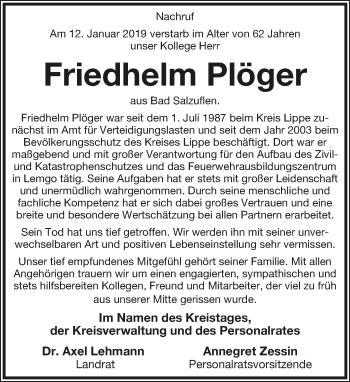 Anzeige  Friedhelm Plöger  Lippische Landes-Zeitung