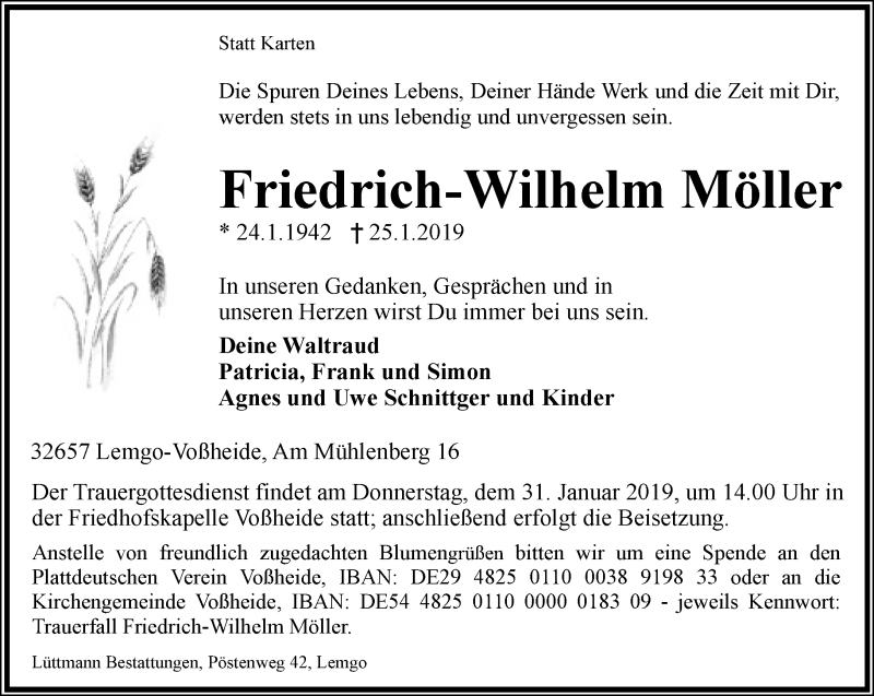  Traueranzeige für Friedrich-Wilhelm Möller vom 28.01.2019 aus Lippische Landes-Zeitung