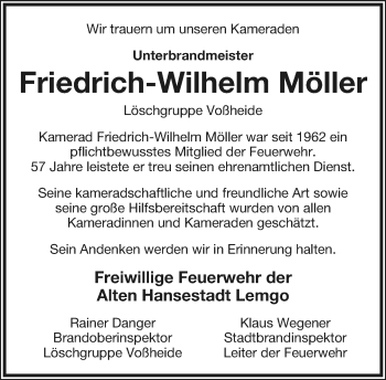 Anzeige  Friedrich-Wilhelm Möller  Lippische Landes-Zeitung