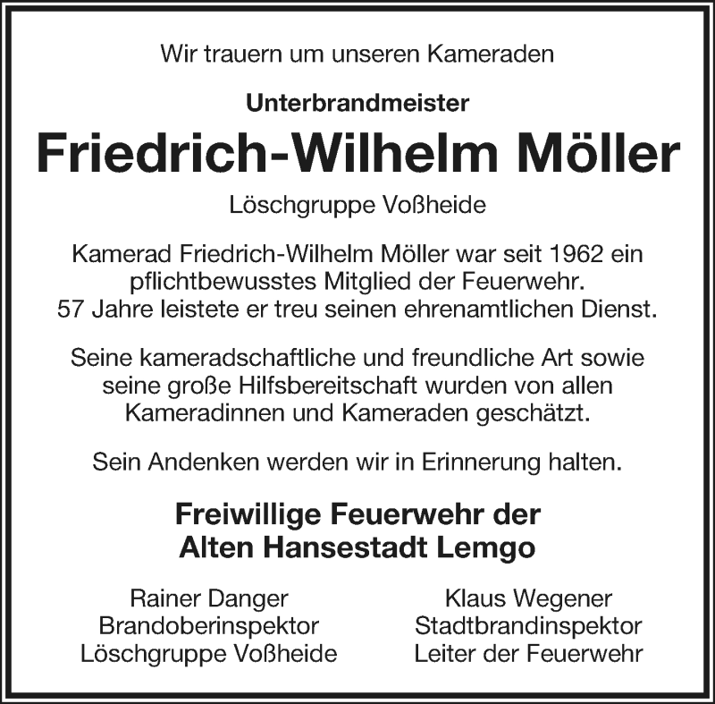  Traueranzeige für Friedrich-Wilhelm Möller vom 31.01.2019 aus Lippische Landes-Zeitung