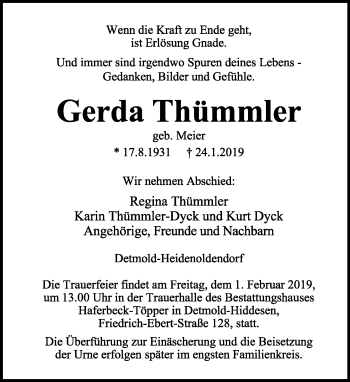 Anzeige  Gerda Thümmler  Lippische Landes-Zeitung