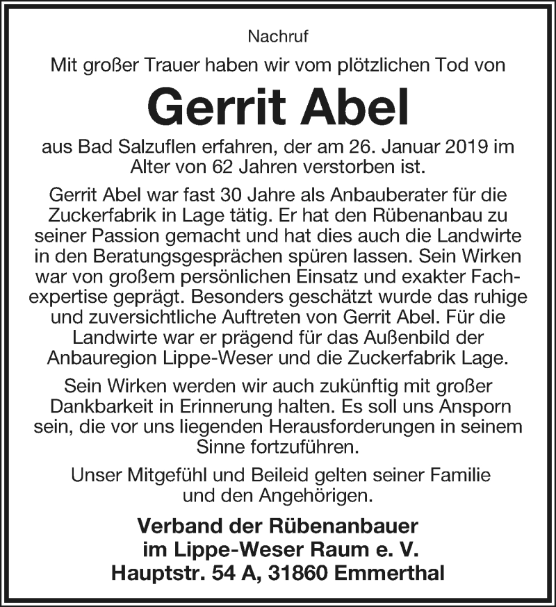  Traueranzeige für Gerrit Abel vom 31.01.2019 aus Lippische Landes-Zeitung