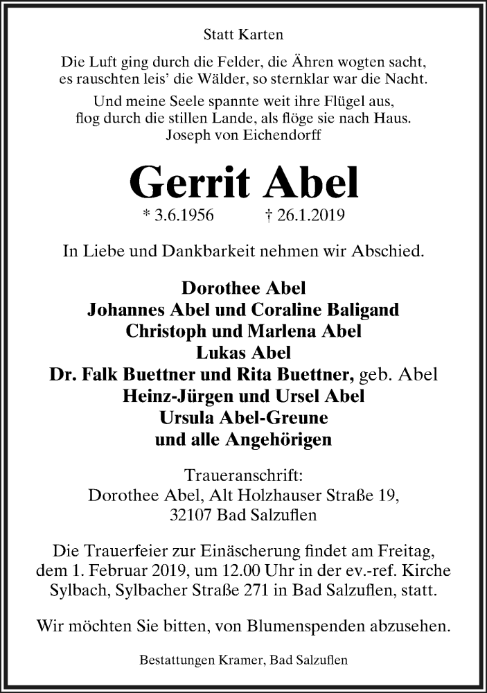  Traueranzeige für Gerrit Abel vom 30.01.2019 aus Lippische Landes-Zeitung
