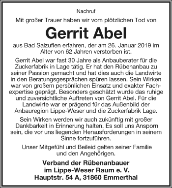Anzeige  Gerrit Abel  Lippische Landes-Zeitung
