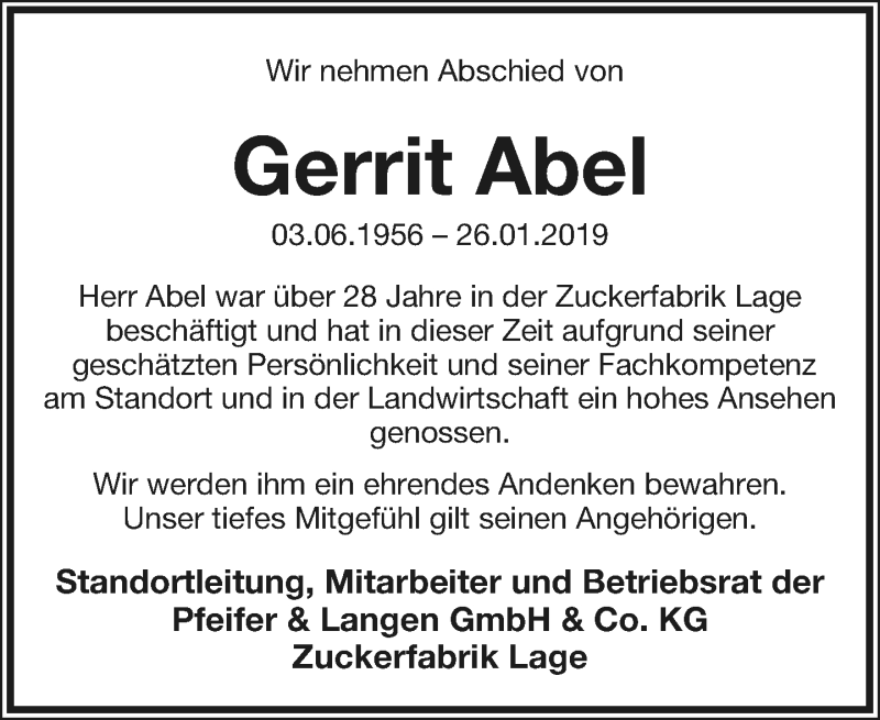  Traueranzeige für Gerrit Abel vom 30.01.2019 aus Lippische Landes-Zeitung