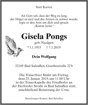 Anzeige  Gisela Pongs  Lippische Landes-Zeitung