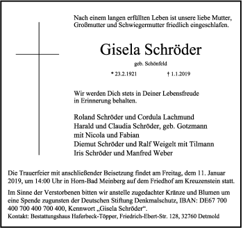 Anzeige  Gisela Schröder  Lippische Landes-Zeitung