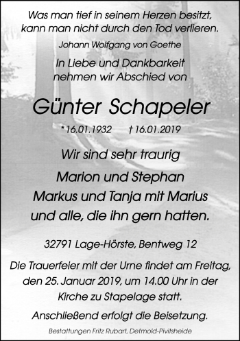 Anzeige  Günter Schapeler  Lippische Landes-Zeitung