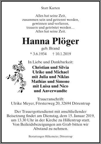 Anzeige  Hanna Plöger  Lippische Landes-Zeitung