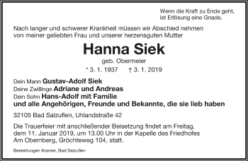 Anzeige  Hanna Siek  Lippische Landes-Zeitung
