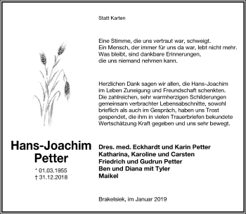 Anzeige  Hans-Joachim Petter  Lippische Landes-Zeitung