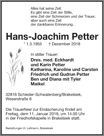 Anzeige  Hans-Joachim Petter  Lippische Landes-Zeitung