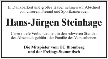 Anzeige  Hans-Jürgen Steinhage  Lippische Landes-Zeitung