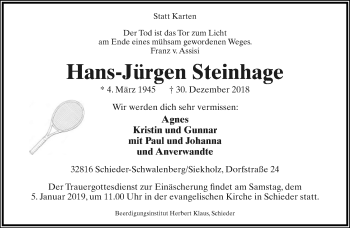 Anzeige  Hans-Jürgen Steinhage  Lippische Landes-Zeitung