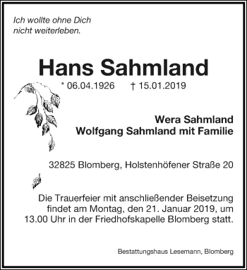 Anzeige  Hans Sahmland  Lippische Landes-Zeitung