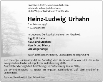 Anzeige  Heinz-Ludwig Urhahn  Lippische Landes-Zeitung