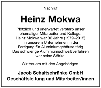 Anzeige  Heinz Mokwa  Lippische Landes-Zeitung