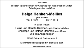 Anzeige  Helga Henken-Mellies  Lippische Landes-Zeitung