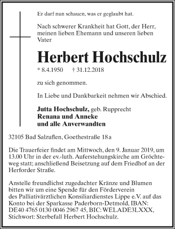 Anzeige  Herbert Hochschulz  Lippische Landes-Zeitung