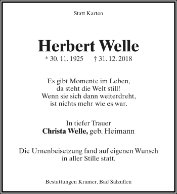 Anzeige  Herbert Welle  Lippische Landes-Zeitung