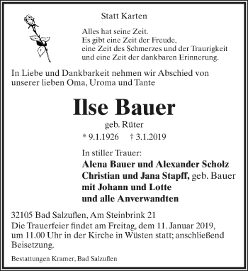Anzeige  Ilse Bauer  Lippische Landes-Zeitung